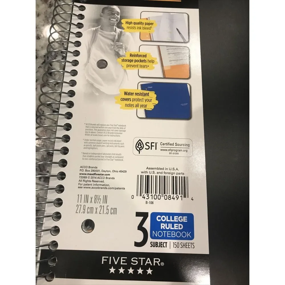 3 Subject Notebook 150 Sheets, Five Star‎ Wirebound College Ruled
